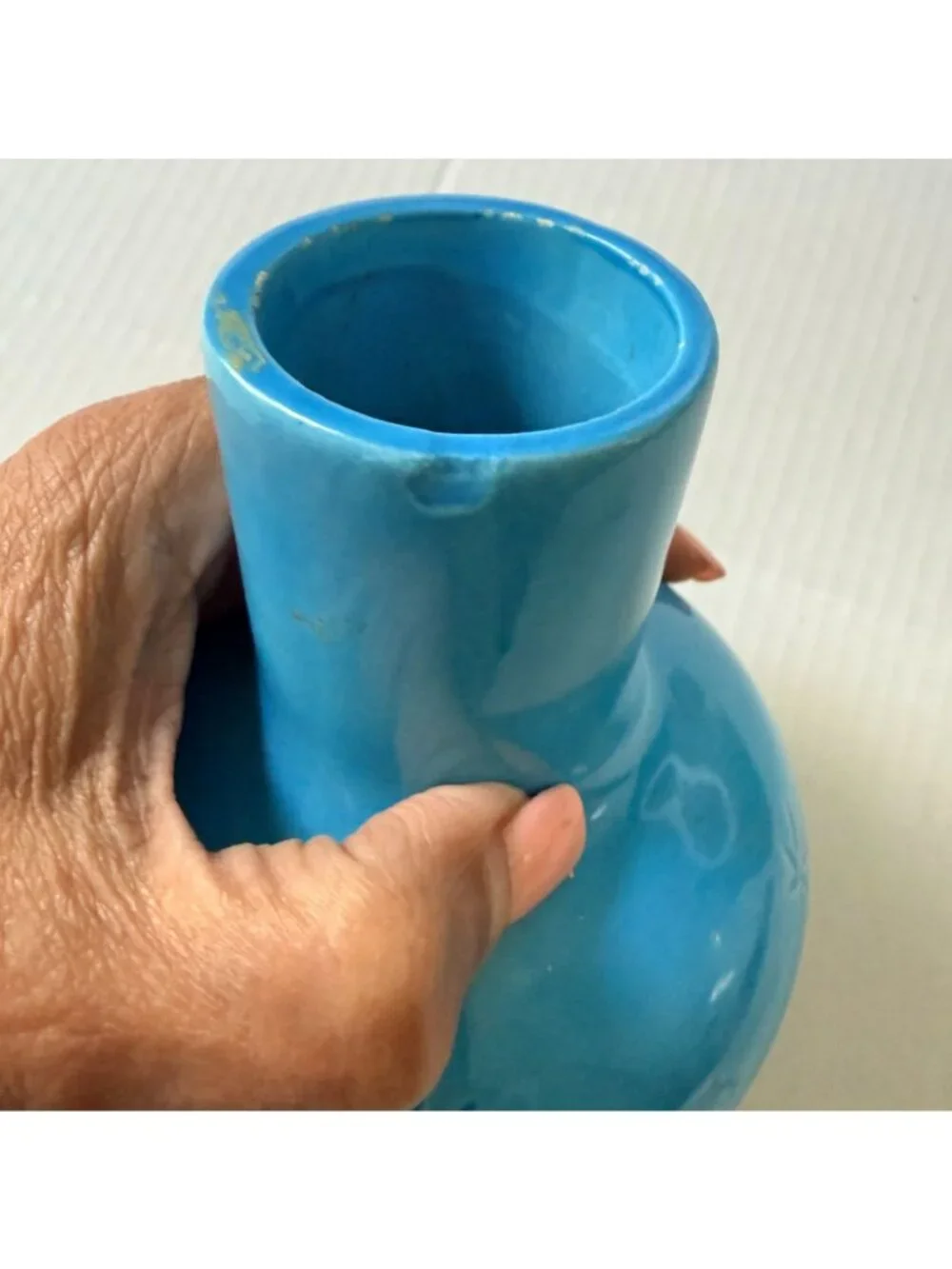 Signed Gloria 1980 Studio Art Pottery Blue Vase Handcrafted Turquoise 7